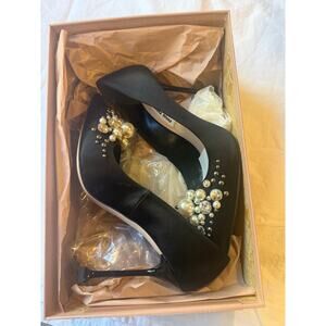 Miu Miu Black Satin Crystal Pearl Embellished Pointed Toe Heels 37.5